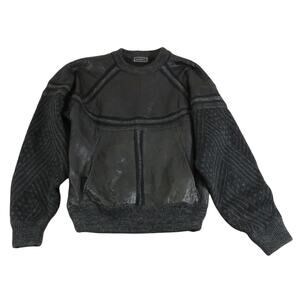 1980s Vintage Saxony Genuine Leather and Wool Knit Sweater Ribbed Trim Men's L